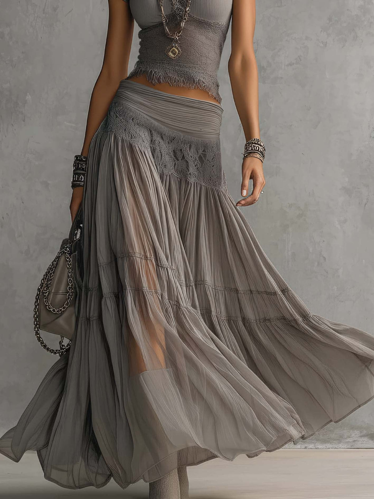 Women's Two-Piece Maxi Skirt Set with Lace Top
