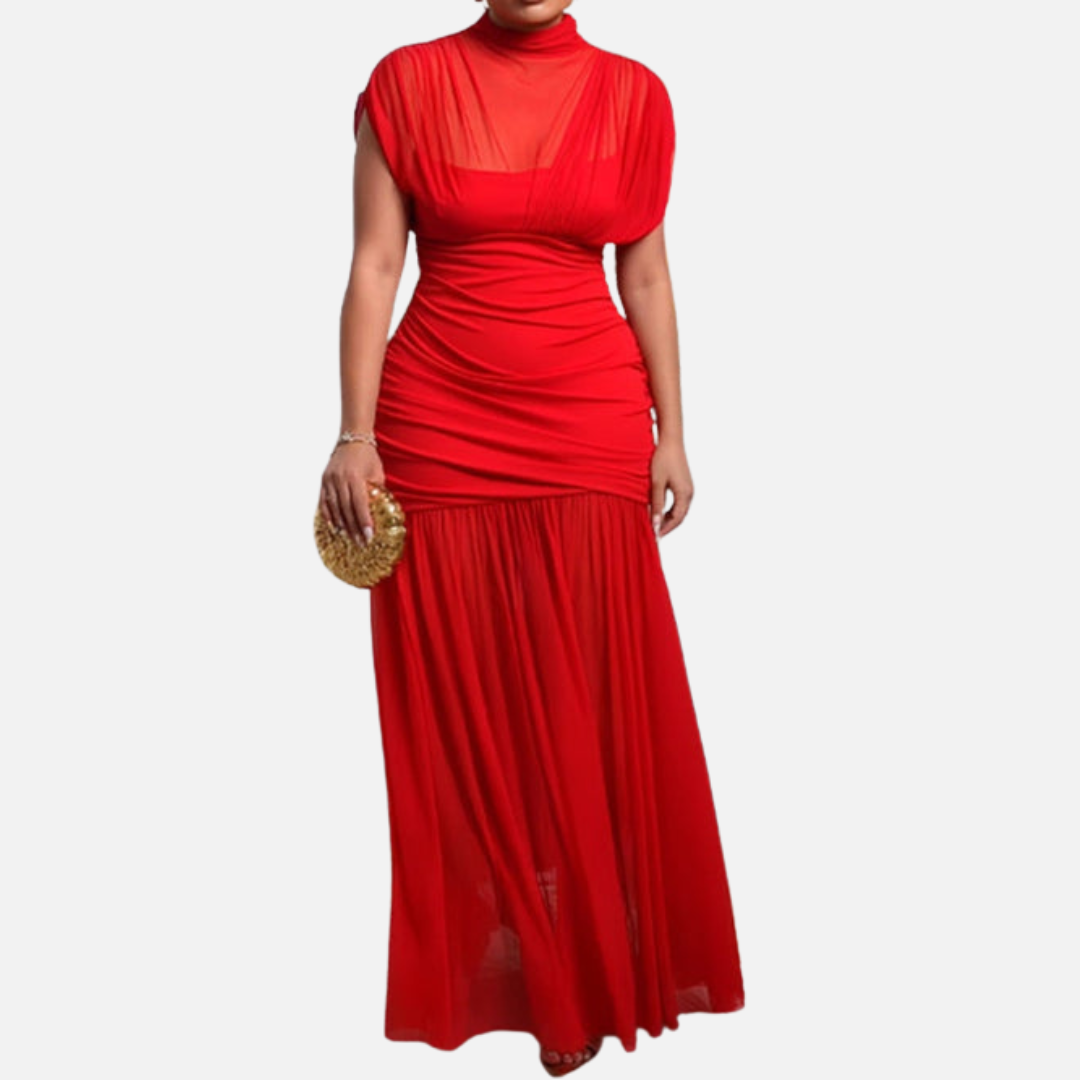 Vestido de noche maxi formal de malla con cuello alto y fruncido para mujer