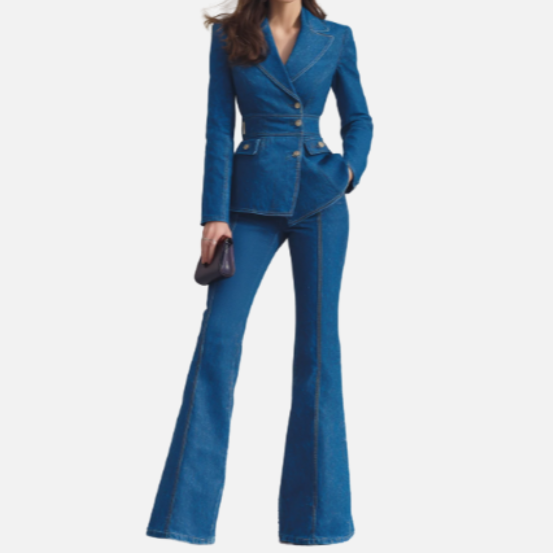 Conjunto de Traje de Blazer Clásico para Mujer | Chaqueta Ajustada con Solapa de Muesca y Pantalones Acampanados Formal