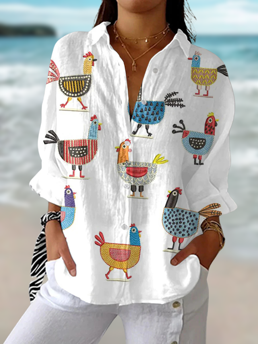 Women's Button Shirt with Hen Print and Collared Neck