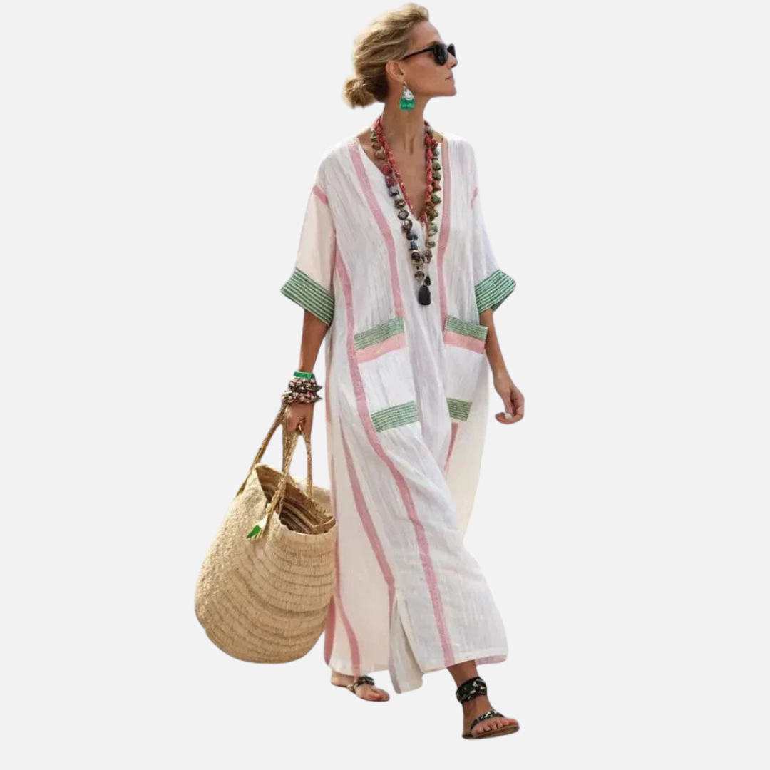 Vestido transpirable de lino a rayas para mujer