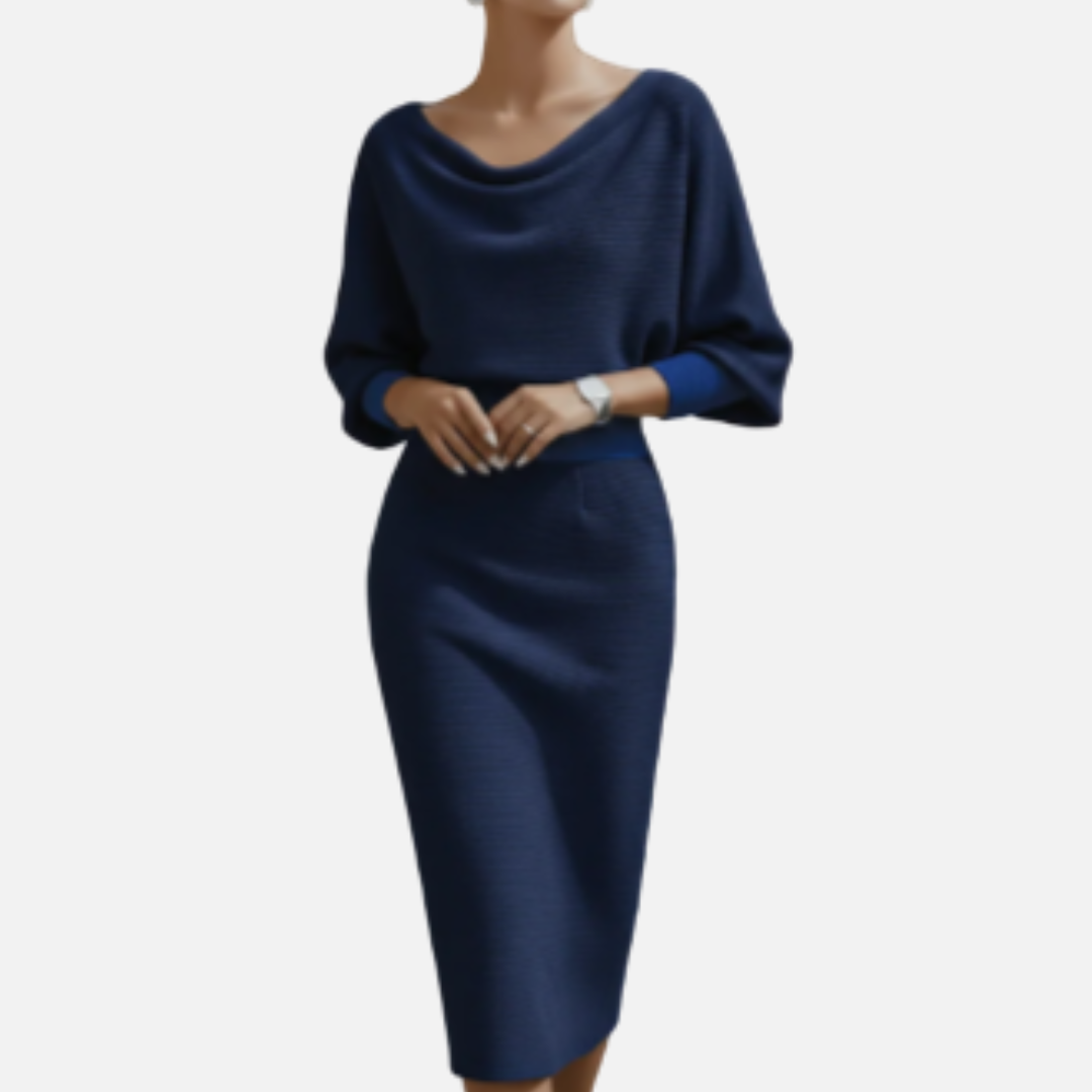 Vestido midi de punto buclé con cuello vuelto y manga murciélago para mujer