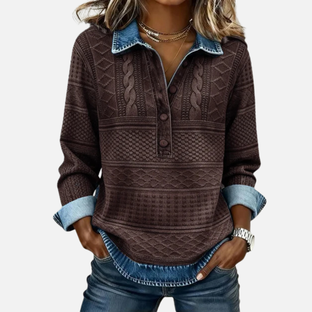 Cassidy | Jersey trenzado de mujer con cuello denim y manga larga