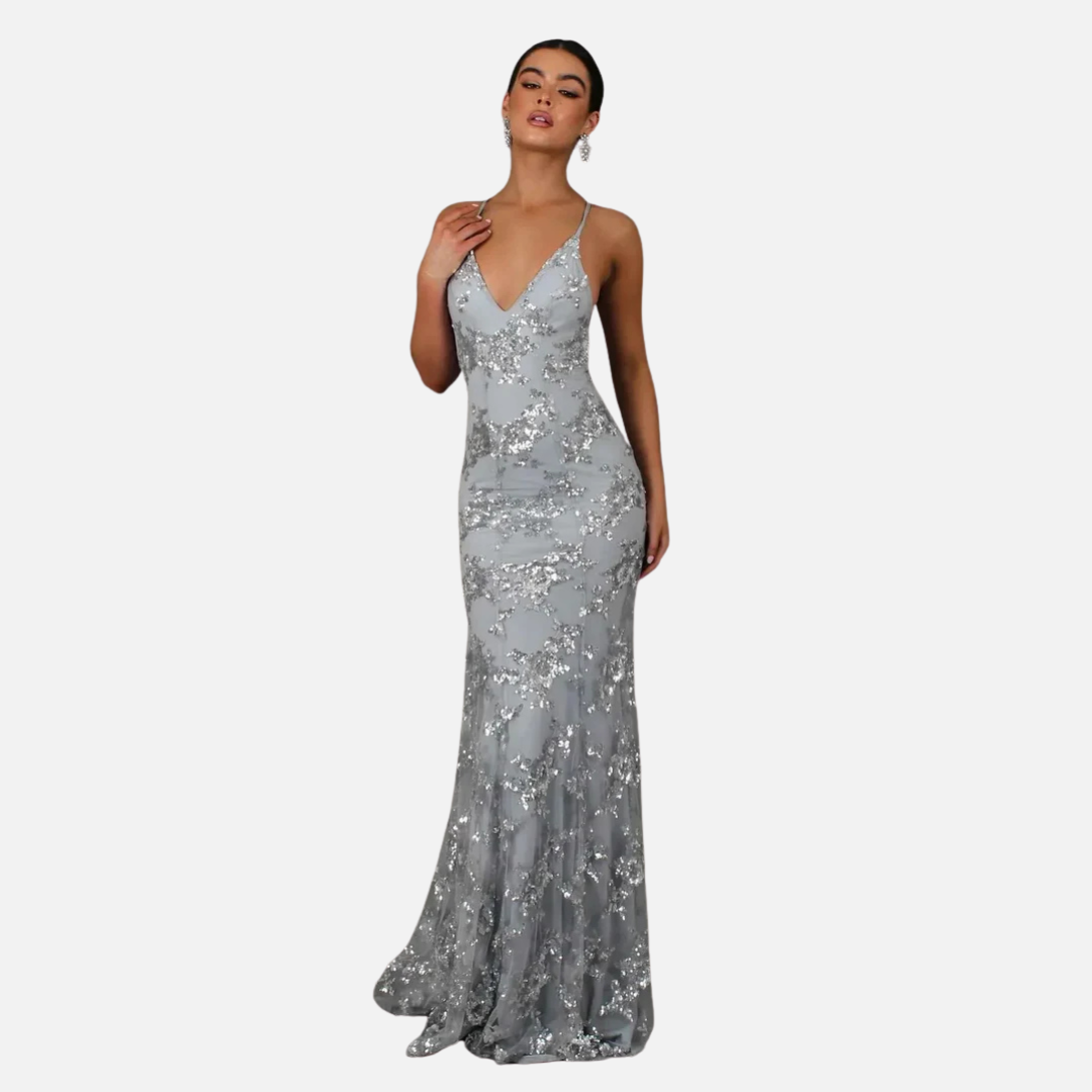 Vestido de noche formal de sirena con lentejuelas para mujer | Vestido de noche brillante con tirantes finos y cuello en V