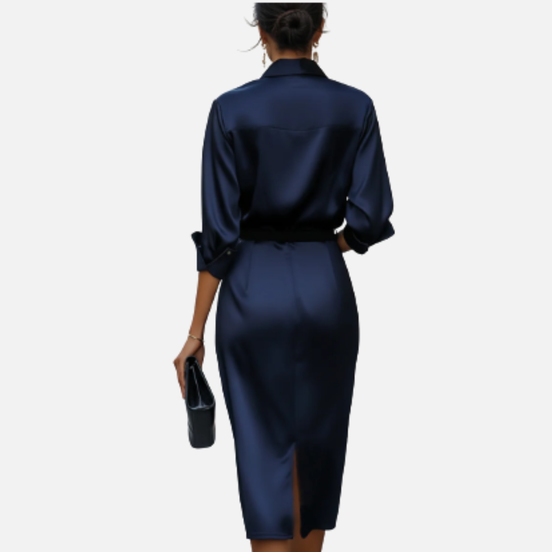 Women's Satin Belted Midi Dress | Cowl Neck Long Sleeve Pencil Dress
