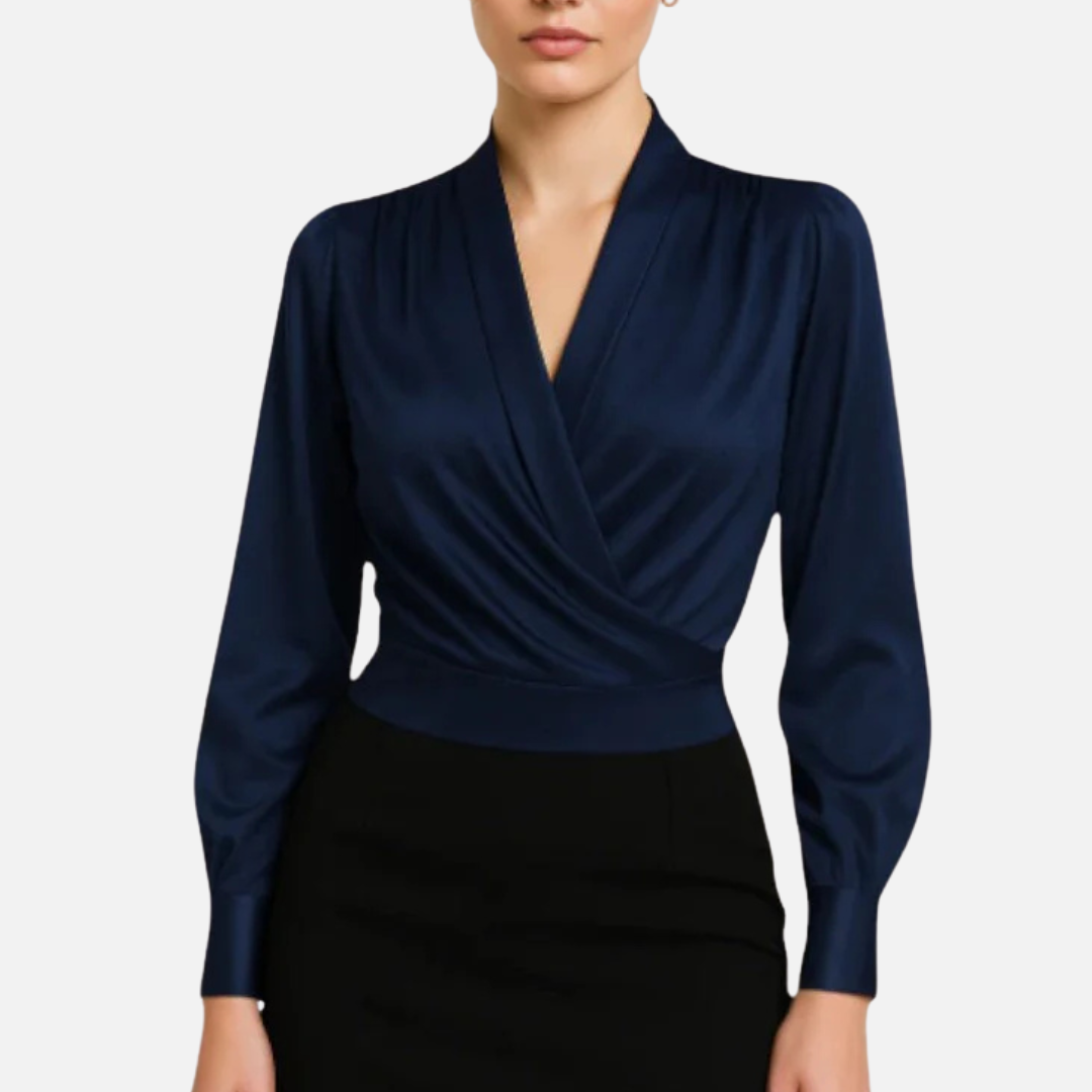 Blusa cruzada de satén para mujer | Escote en V drapeado manga larga