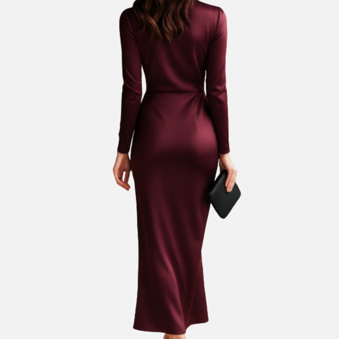 Vestido maxi cruzado de satén formal para mujer | Manga larga
