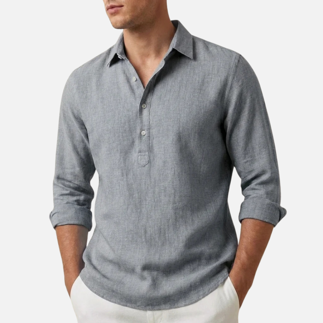 Camisa de lino de manga larga con cuello de pico para hombre