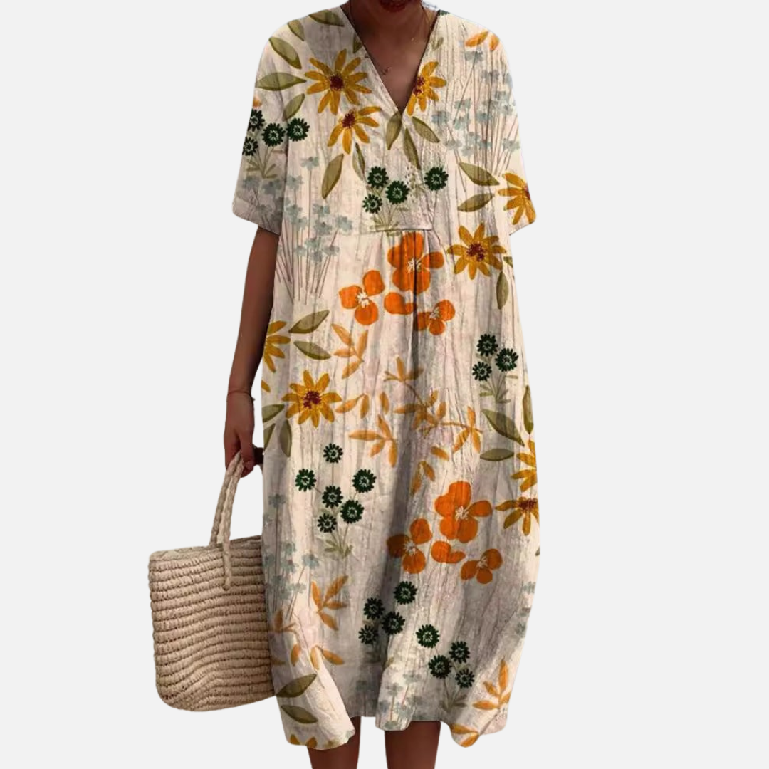 Vestido midi floral para mujer | Vestido de verano informal bohemio de manga corta con cuello en V