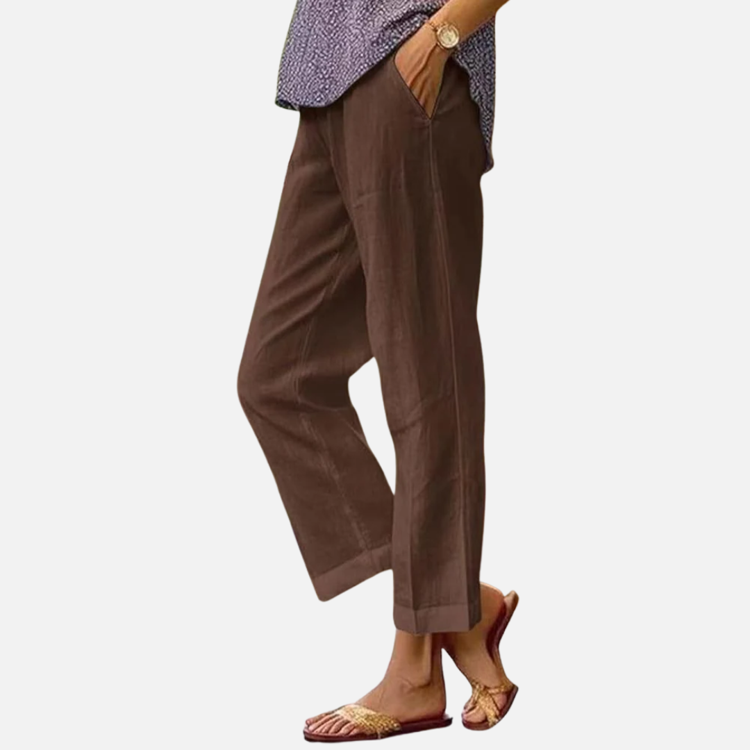 Pantalones casuales de lino para mujer - Pantalones capri cónicos de ajuste relajado