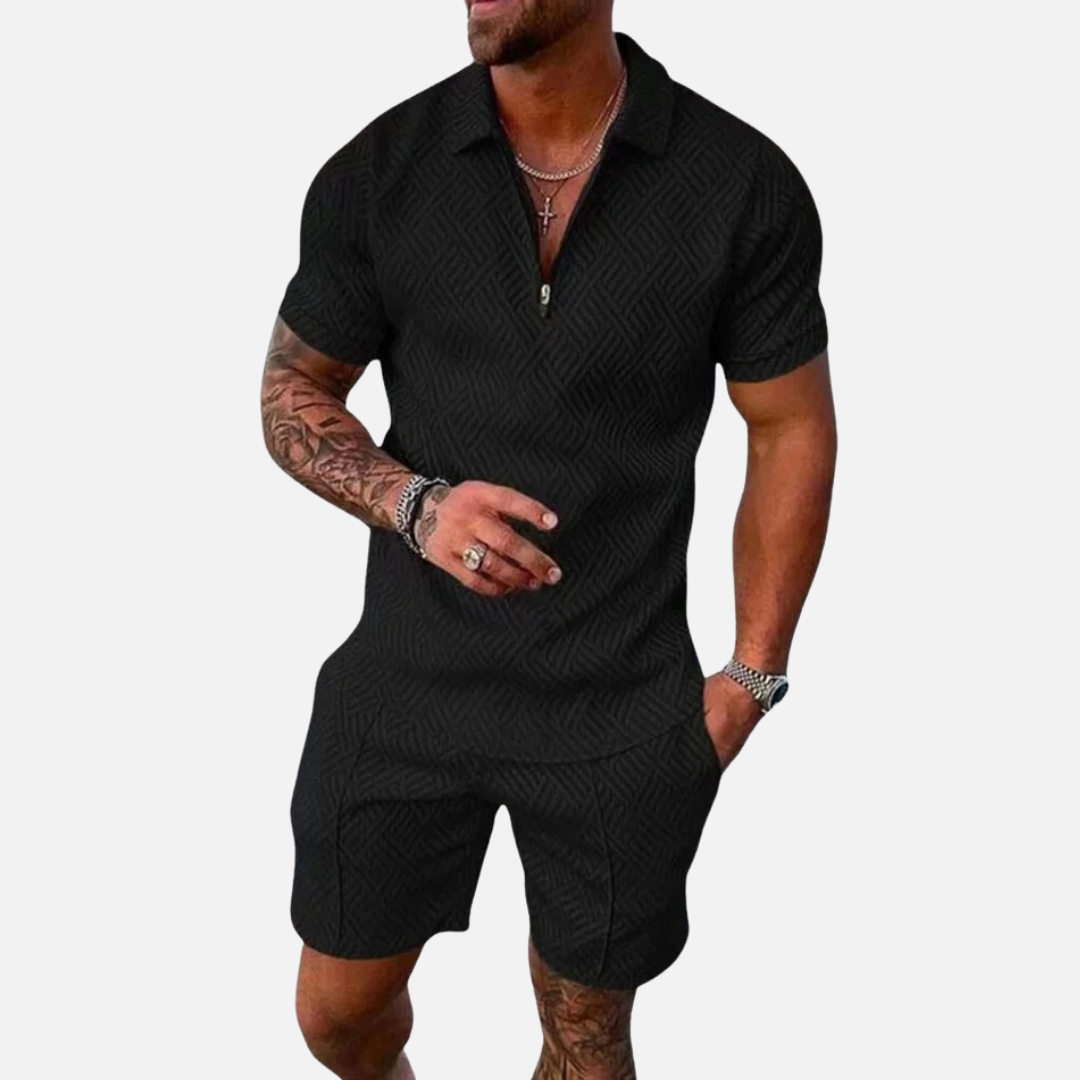 Conjunto de polo texturizado y shorts para hombre | Conjunto de cuello con cremallera informal de verano a juego