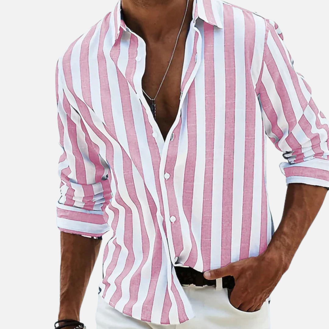 Camisa de manga larga de rayas para hombre | Camisa casual de playa con botones