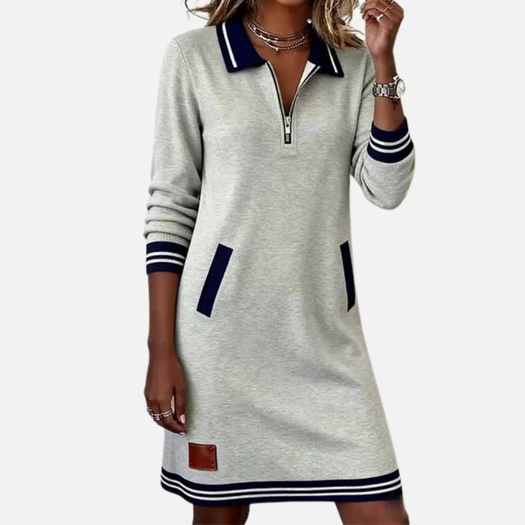 Danielle | Vestido tipo suéter con cuello de cremallera y manga larga con franjas deportivas