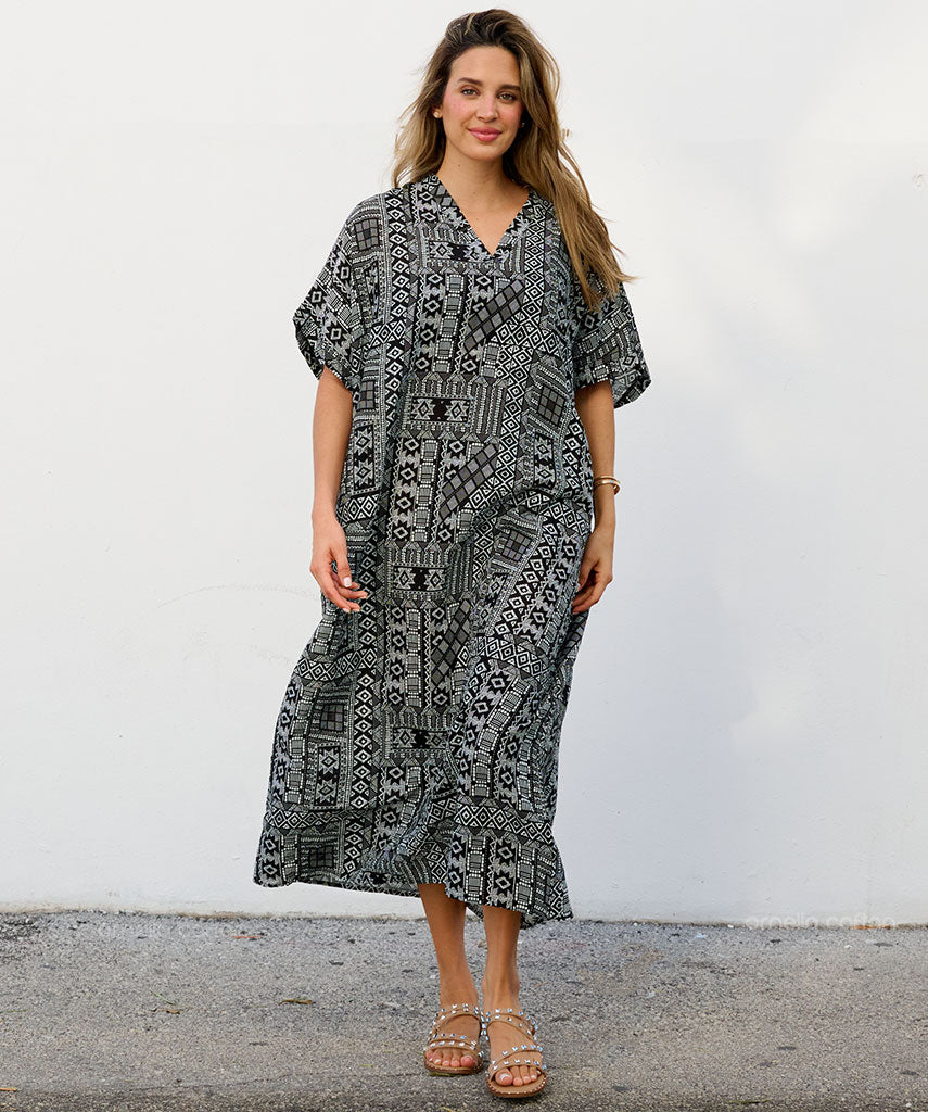 Women's Geometric Print Kaftan Maxi Dress with V Neck