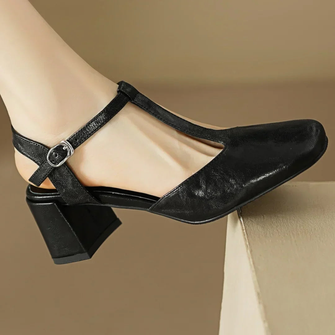 Women's Leather Mary Janes – T-Strap, Block Heel, Buckle Closure