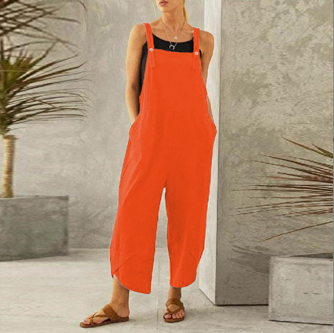 Women's Wide Leg Linen Jumpsuit with Button Straps