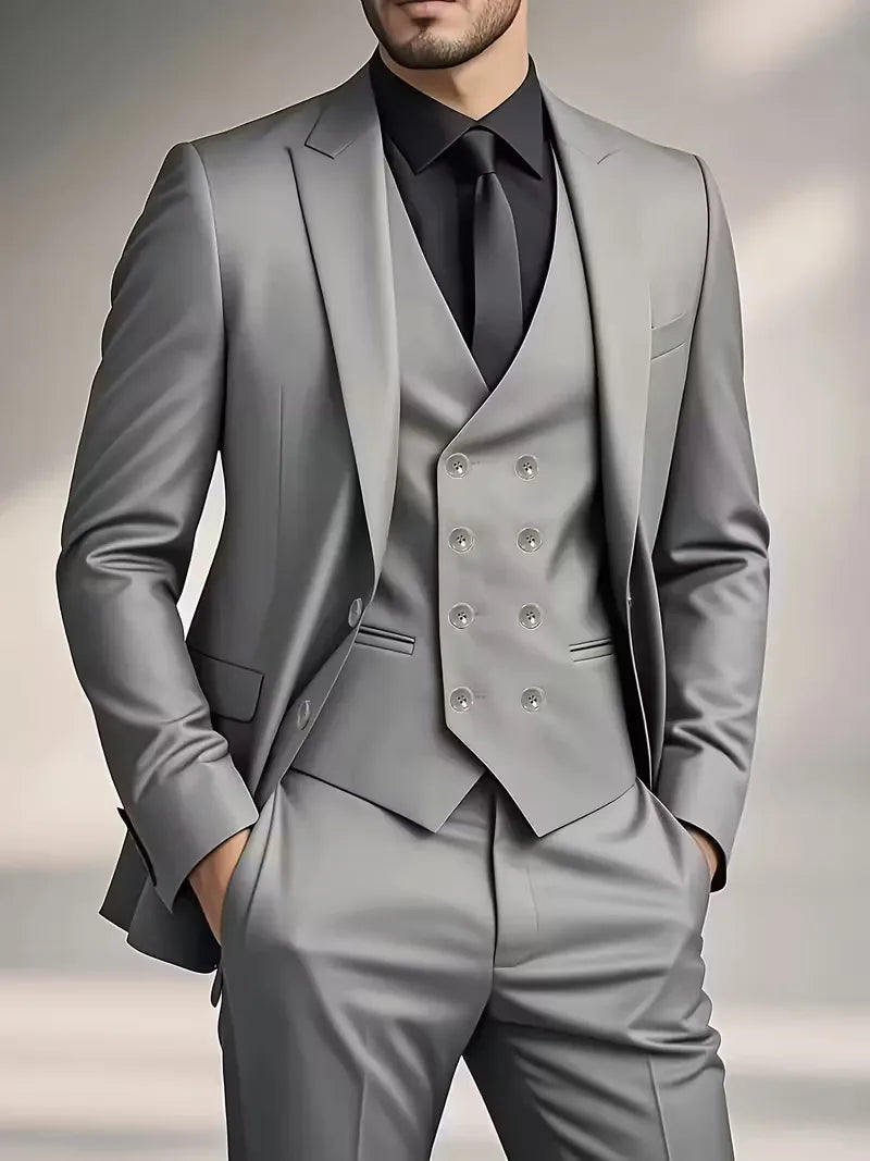 Slim Fit Double-Breasted Three-Piece Suit Set with Waistcoat for Men 11