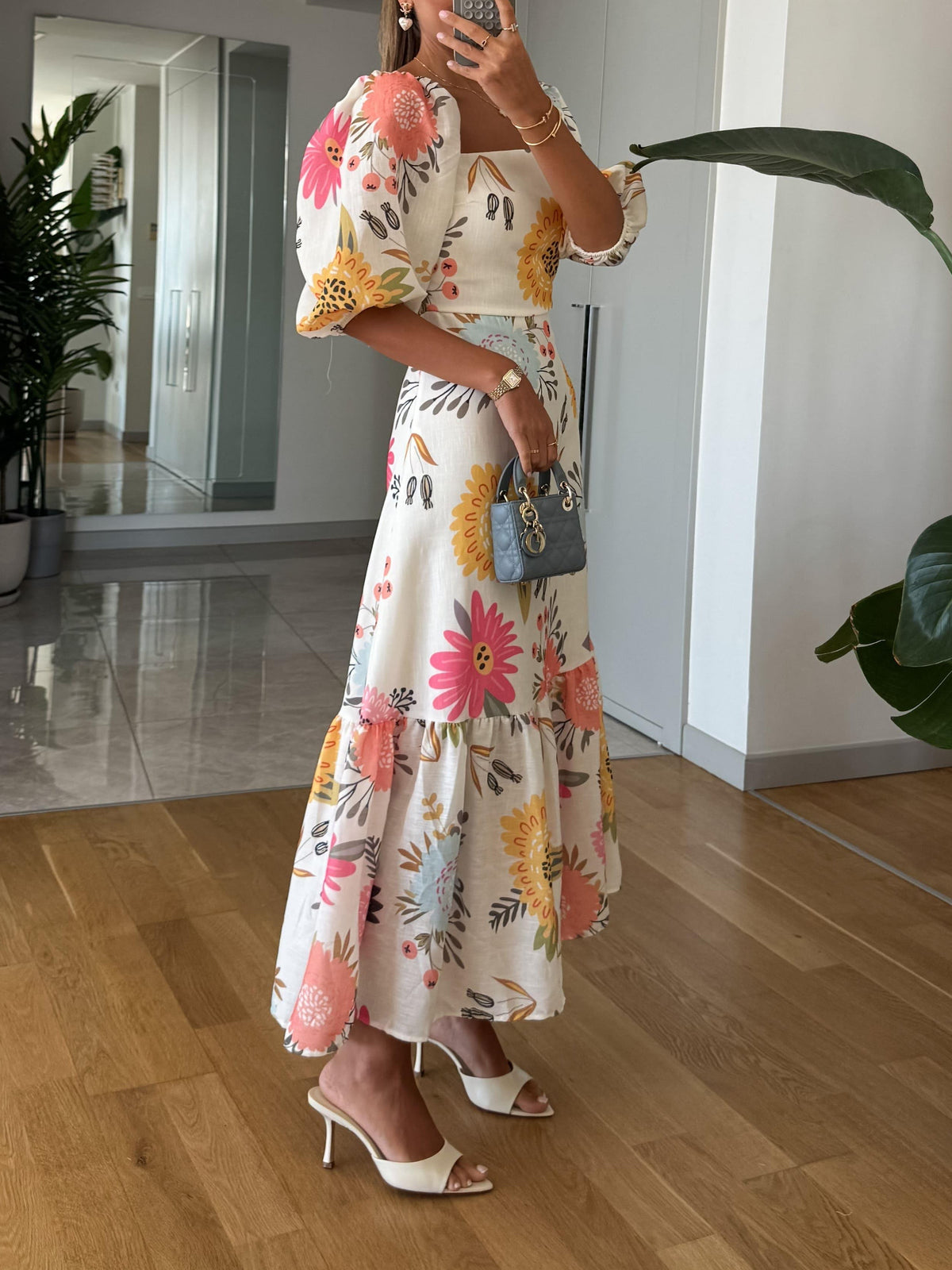 Women's Floral Puff Sleeve Tiered Midi Dress