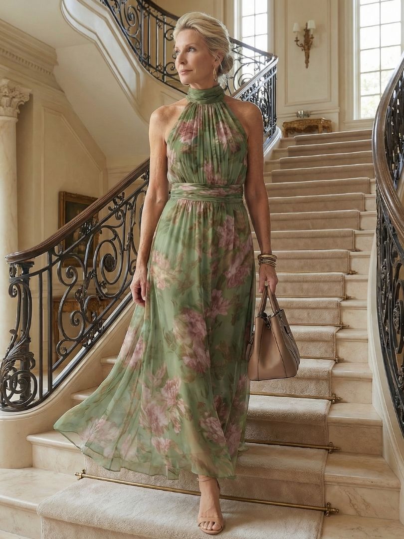 Women's Floral Halter Neck Midi Dress
