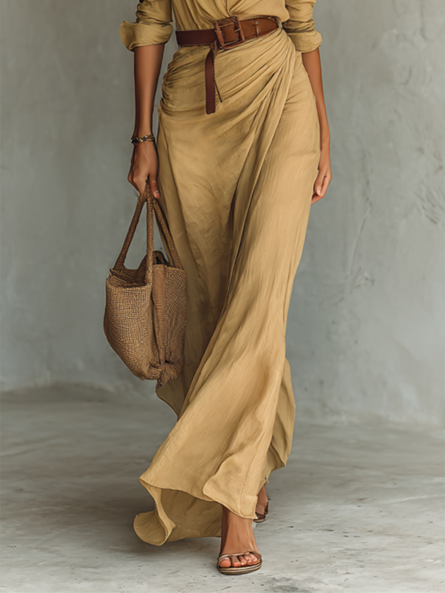 Women's Plunging Maxi Wrap Dress with Shirt Collar