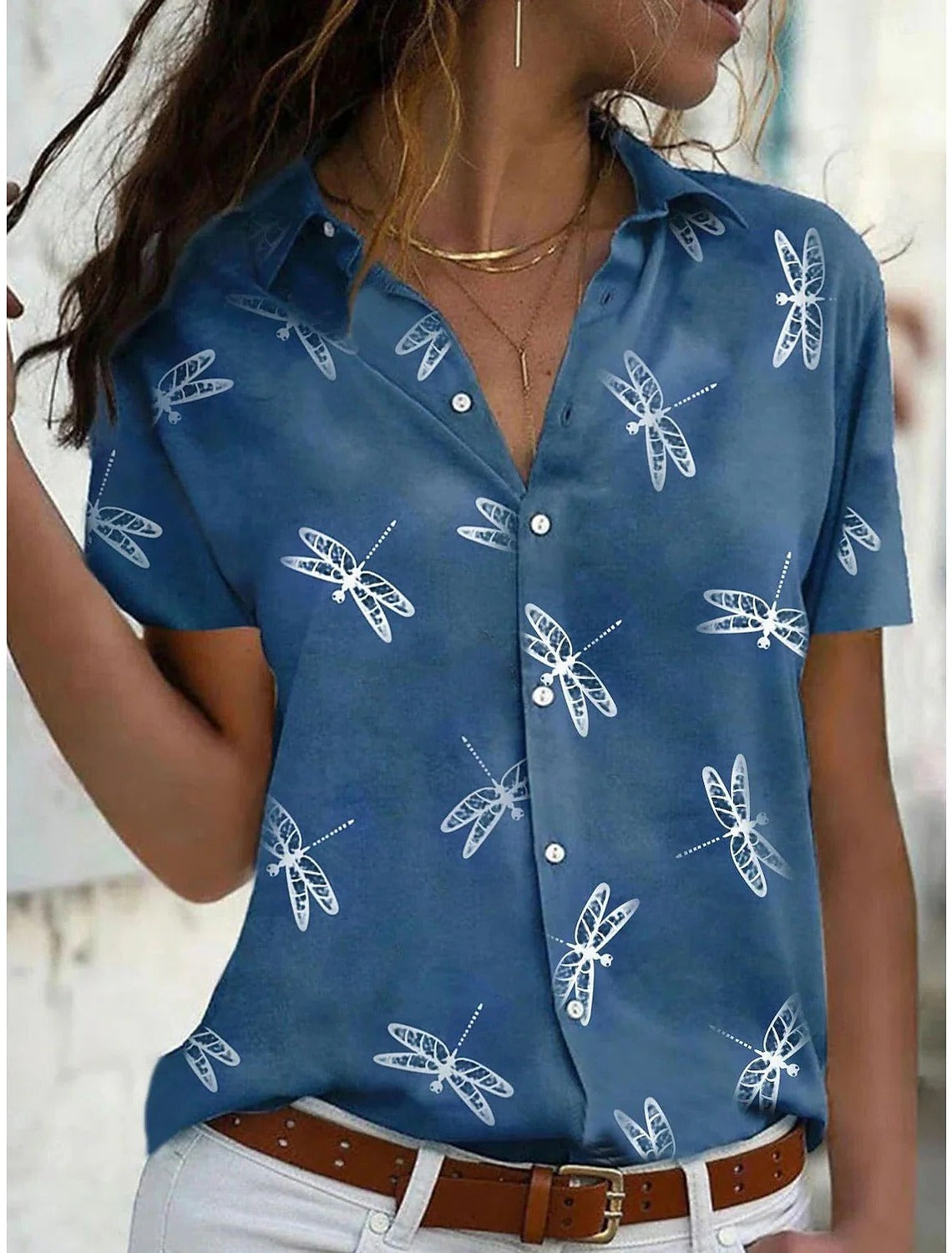 Women's Short Sleeve Shirt with Dragonfly Print
