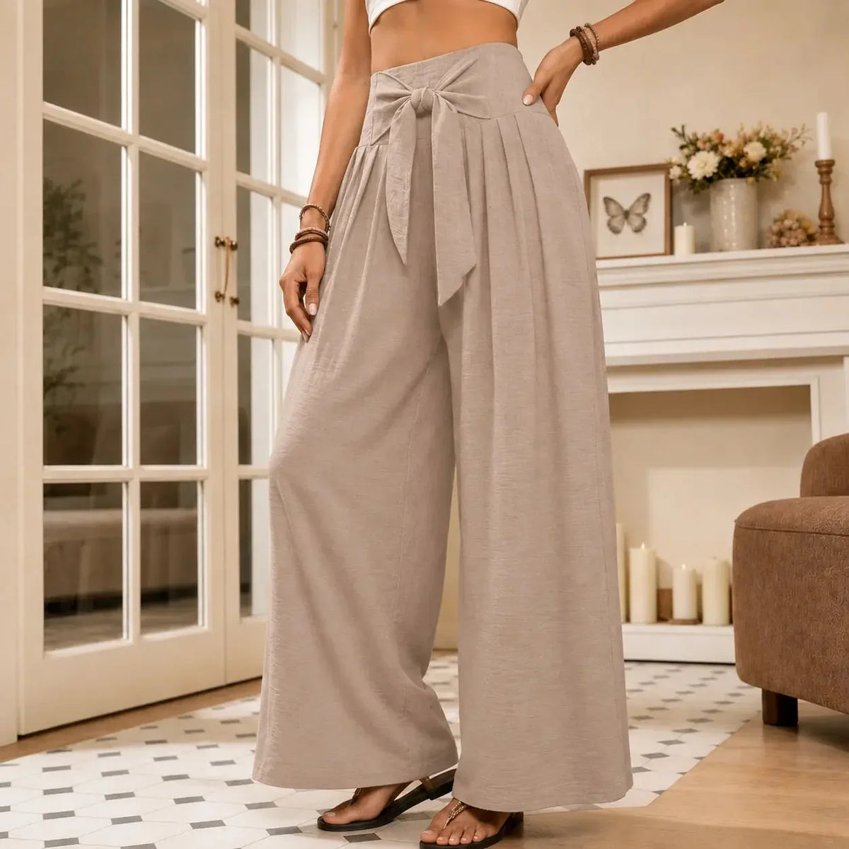 Women's High Waist Wide Leg Pants with Tie Front