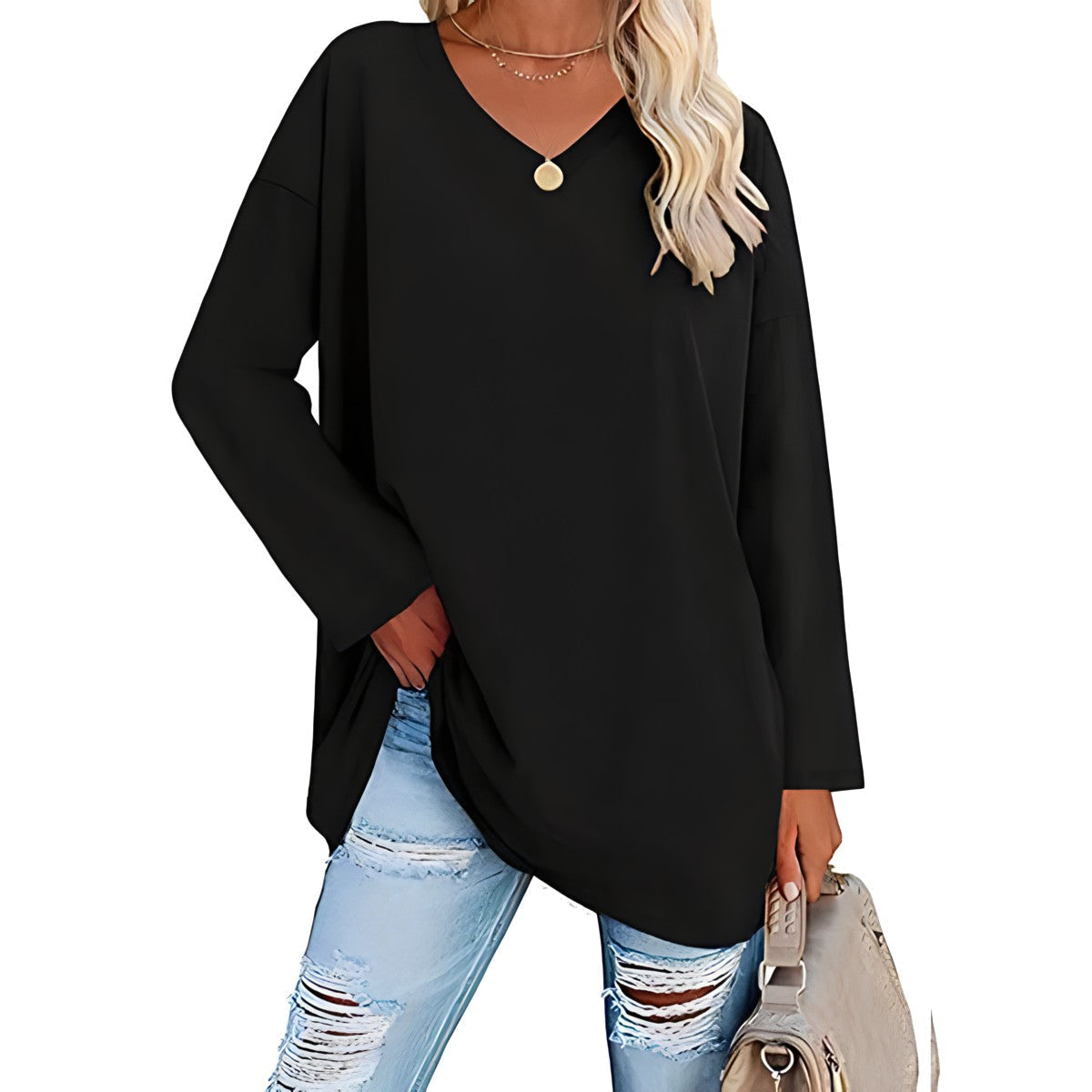 Women's Loose Tunic Top with V-Neck and Long Sleeves