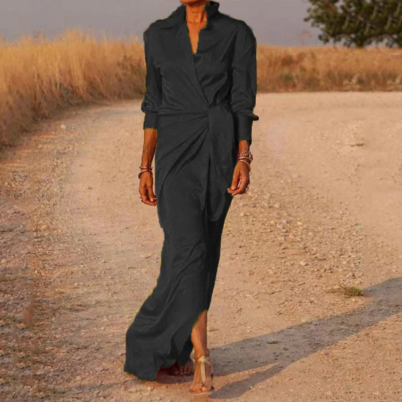 Women's Satin Wrap Maxi Dress with Long Sleeves
