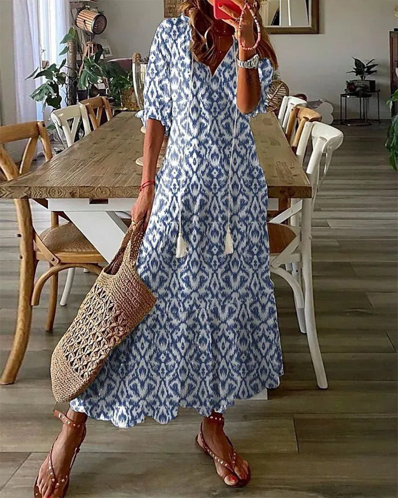 Women's Printed Maxi Dress with V Neck and Tassels