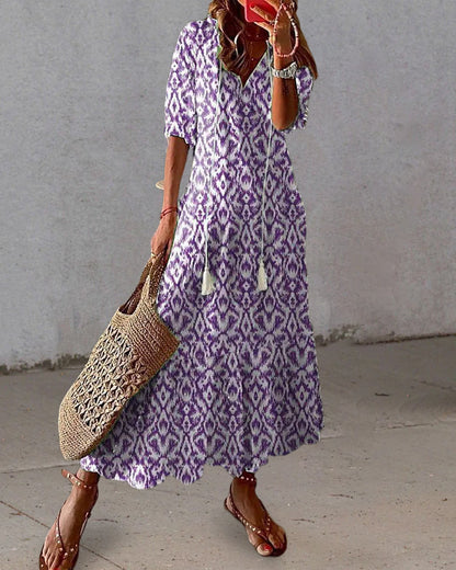 Women's Printed Maxi Dress with V Neck and Tassels