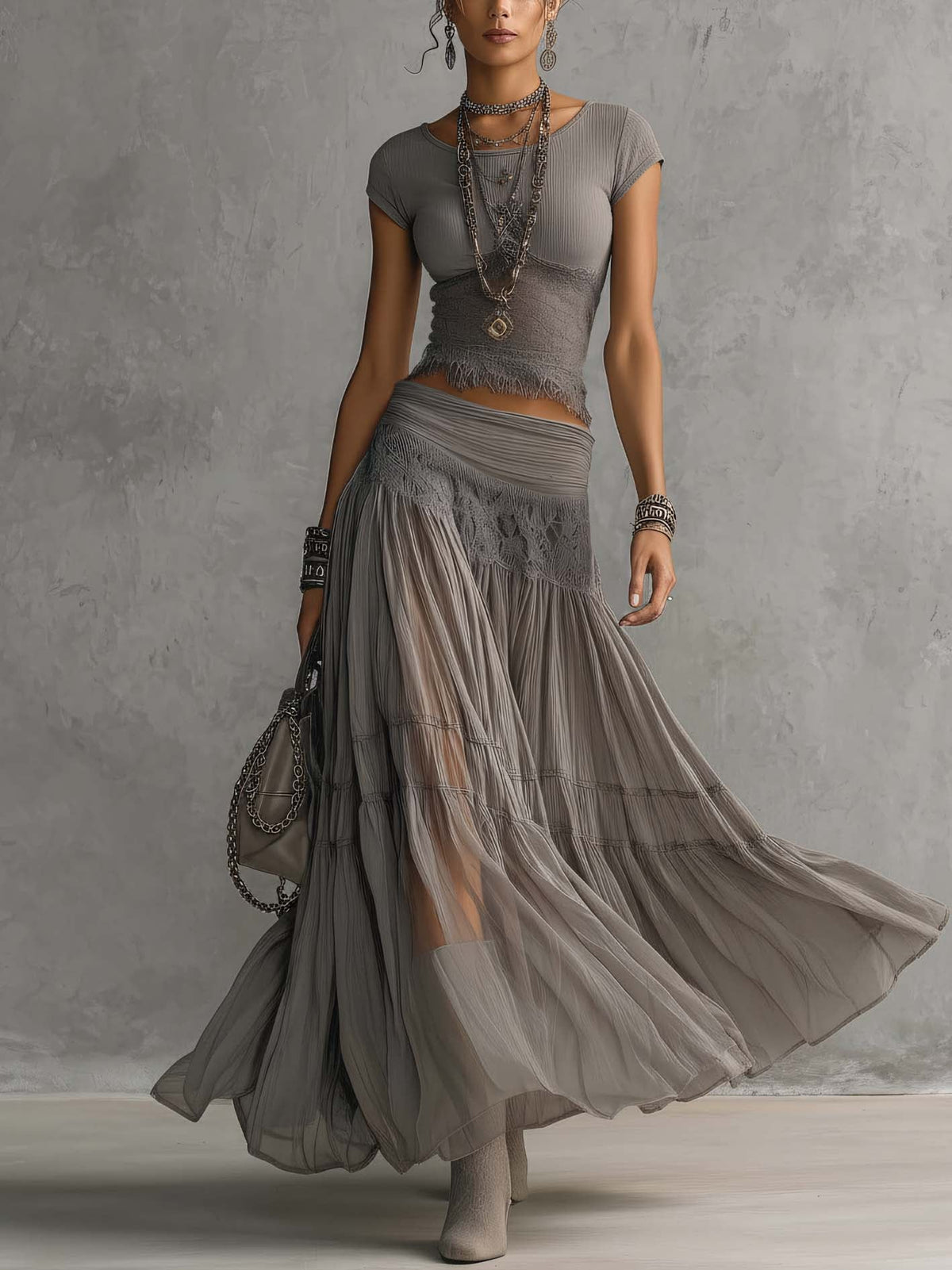 Women's Two-Piece Maxi Skirt Set with Lace Top