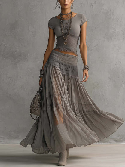 Women's Two-Piece Maxi Skirt Set with Lace Top