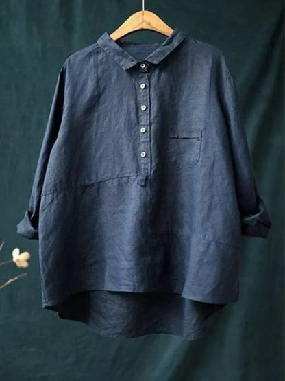 Women's Loose Linen Shirt with Button Collar and Pocket
