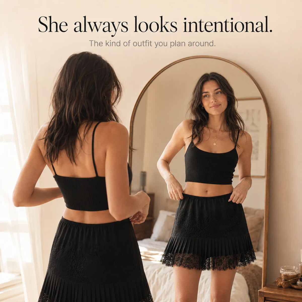 Women's Pleated Mini Skirt – Lace Trim, Elasticised Waistband