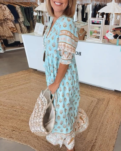 Women's Floral V-Neck Maxi Dress with Puff Sleeves