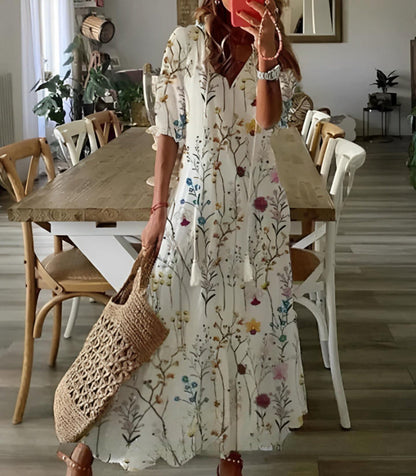 Women's Printed Maxi Dress with V Neck and Tassels