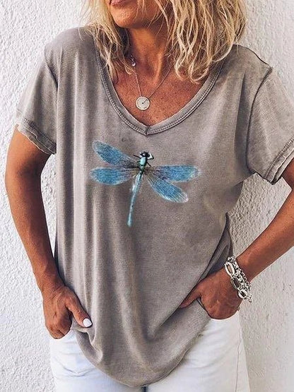 Women's V-Neck T-Shirt with Dragonfly Print