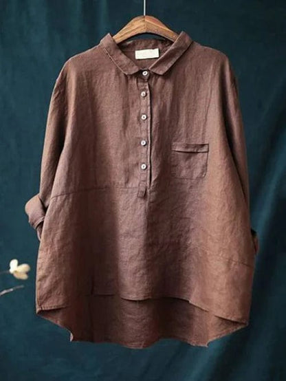 Women's Loose Linen Shirt with Button Collar and Pocket