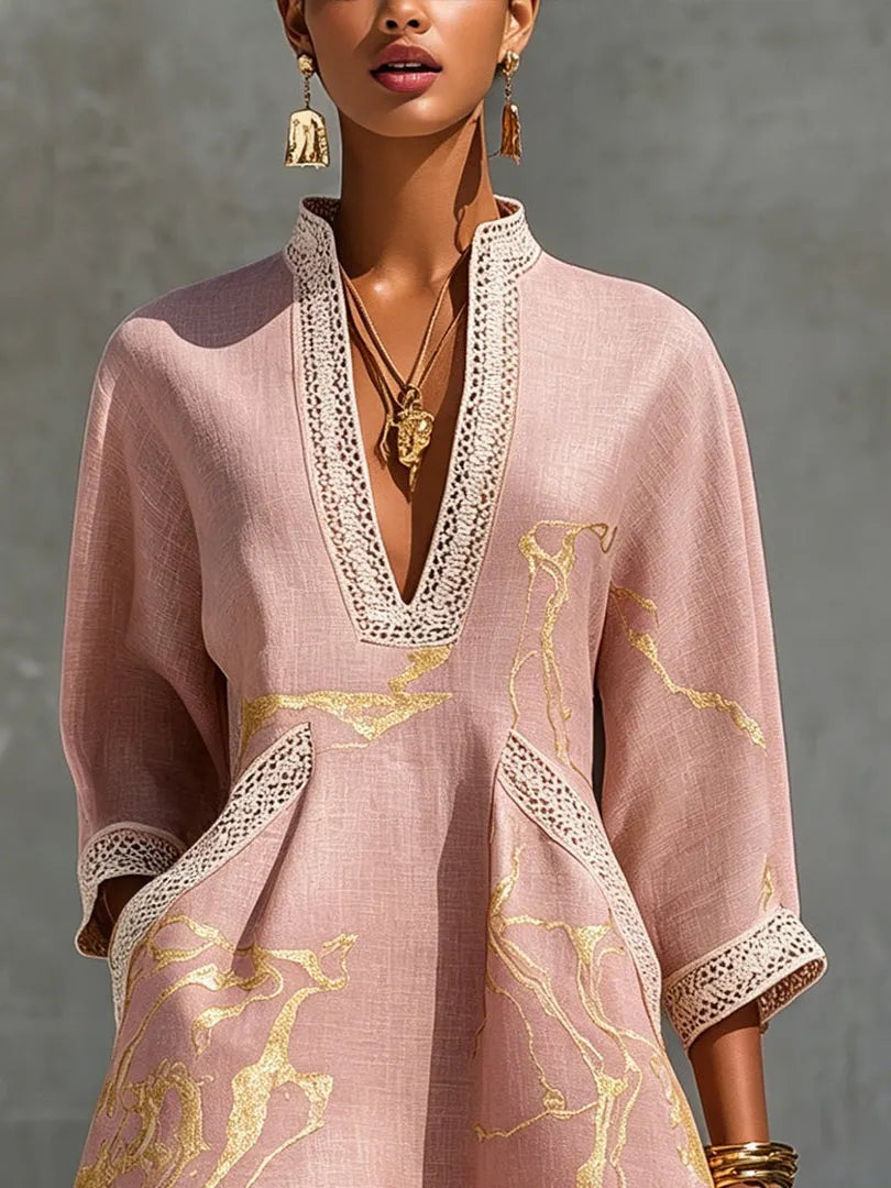 Women's Mini Dress – Crochet Lace V-Neck, Three-Quarter Sleeves, Woven
