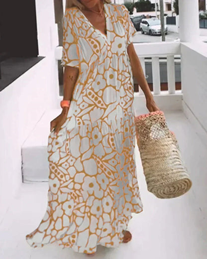 Women's Printed Maxi Dress with V-Neck and Short Sleeves