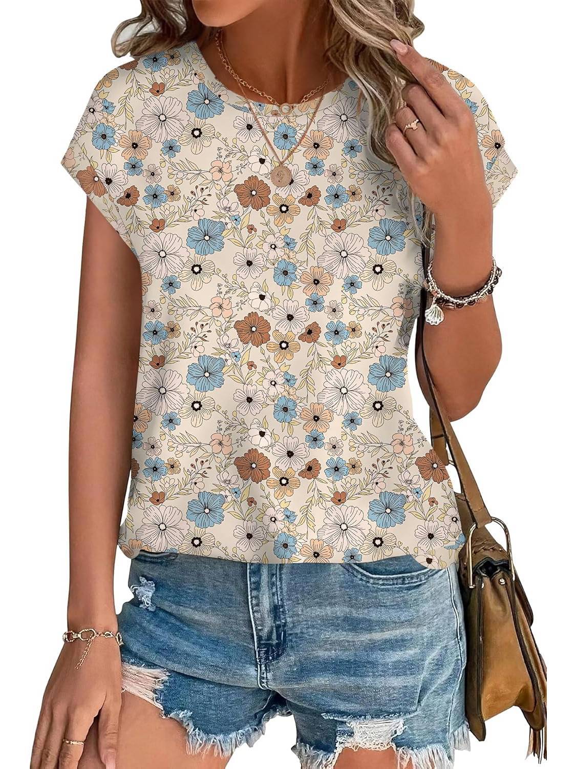 Women's Short Sleeve Leaf Print Top with Round Neck