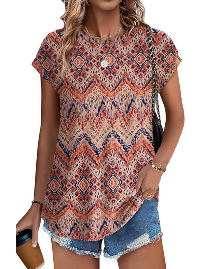 Women's Short Sleeve Leaf Print Top with Round Neck