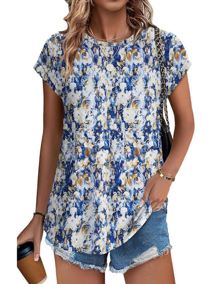 Women's Short Sleeve Leaf Print Top with Round Neck