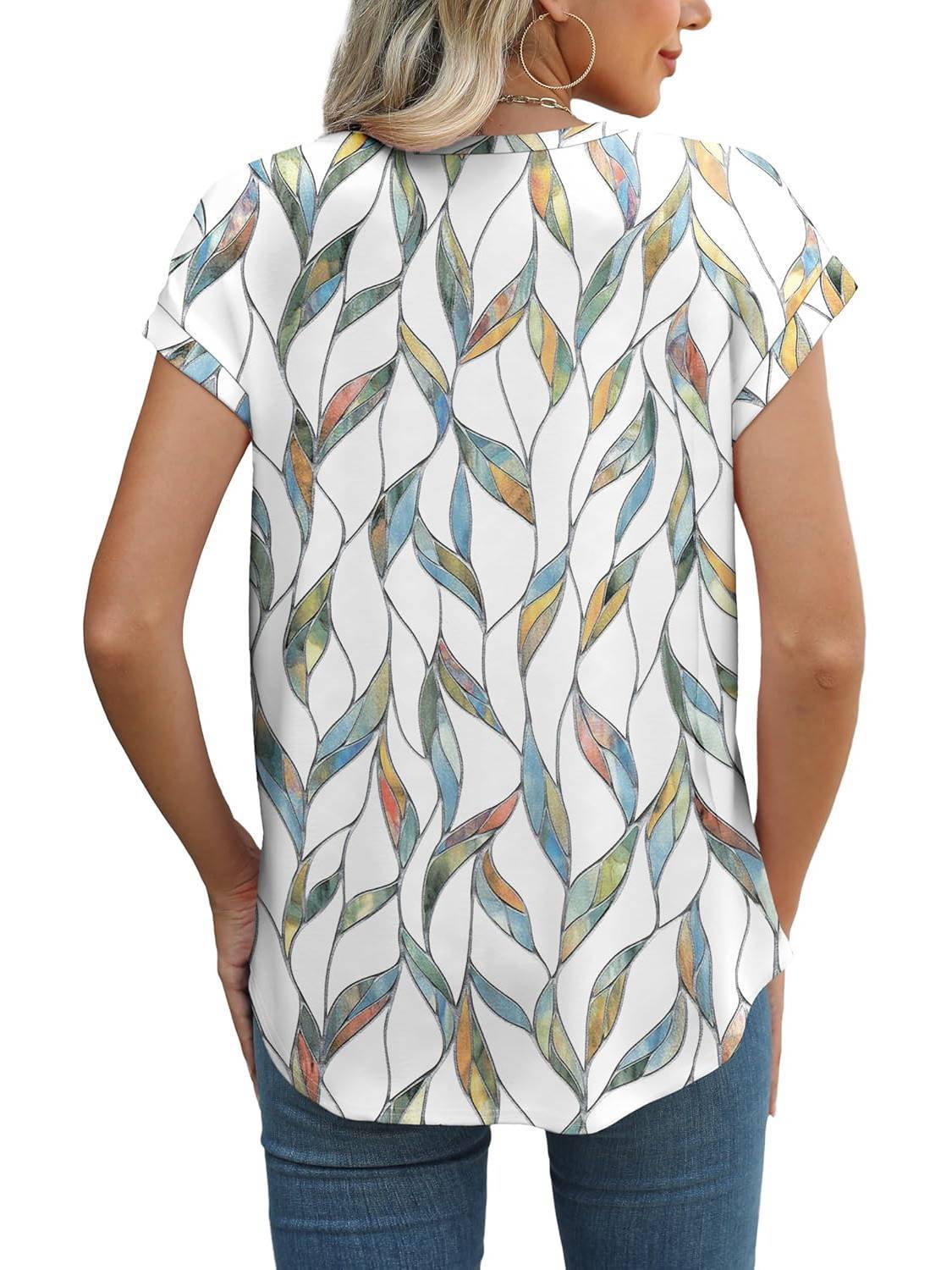 Women's Short Sleeve Leaf Print Top with Round Neck