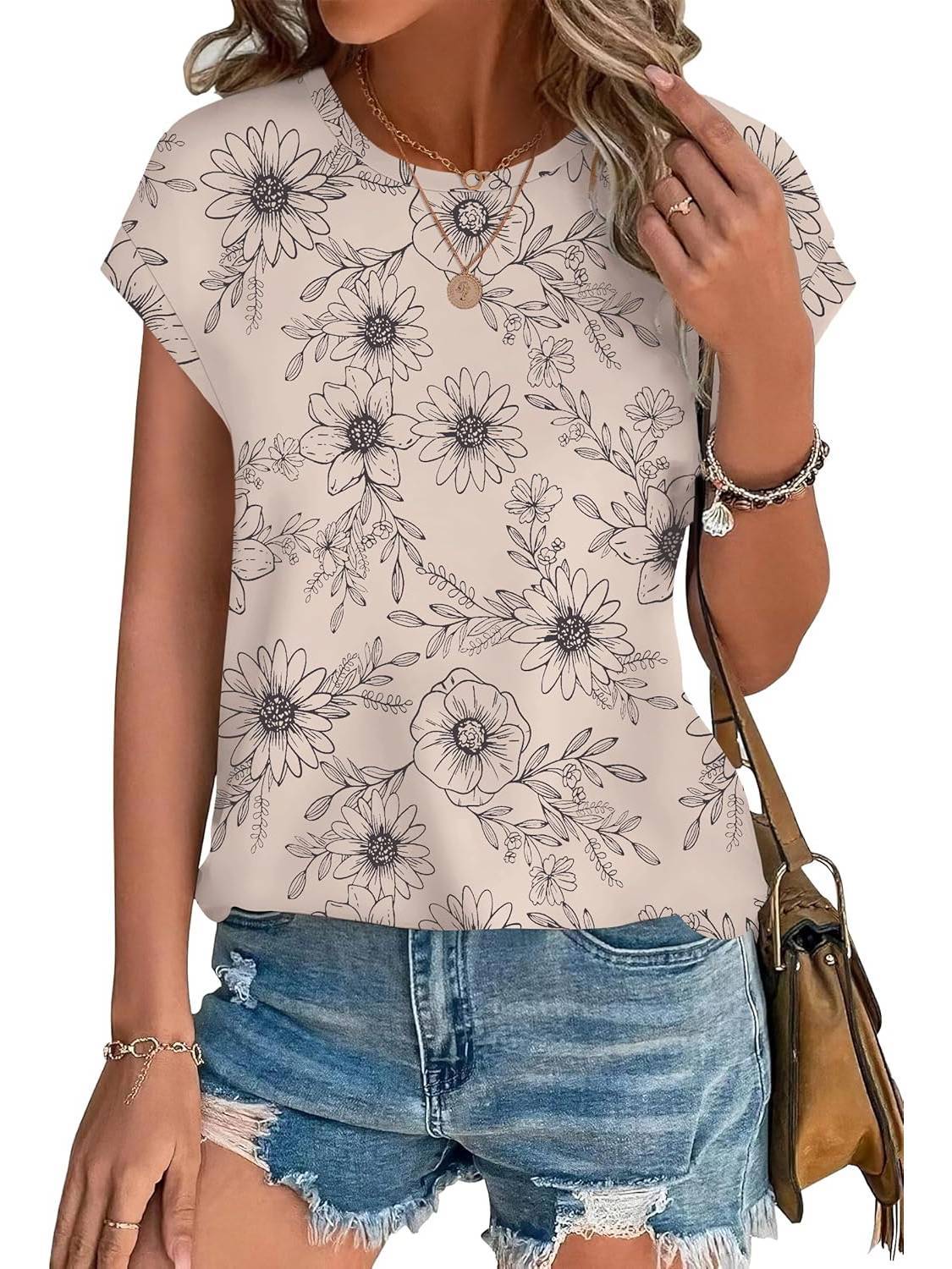 Women's Short Sleeve Leaf Print Top with Round Neck