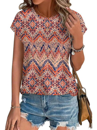 Women's Short Sleeve Leaf Print Top with Round Neck