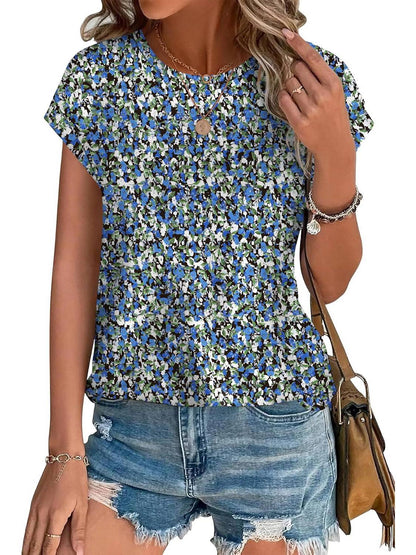 Women's Short Sleeve Leaf Print Top with Round Neck