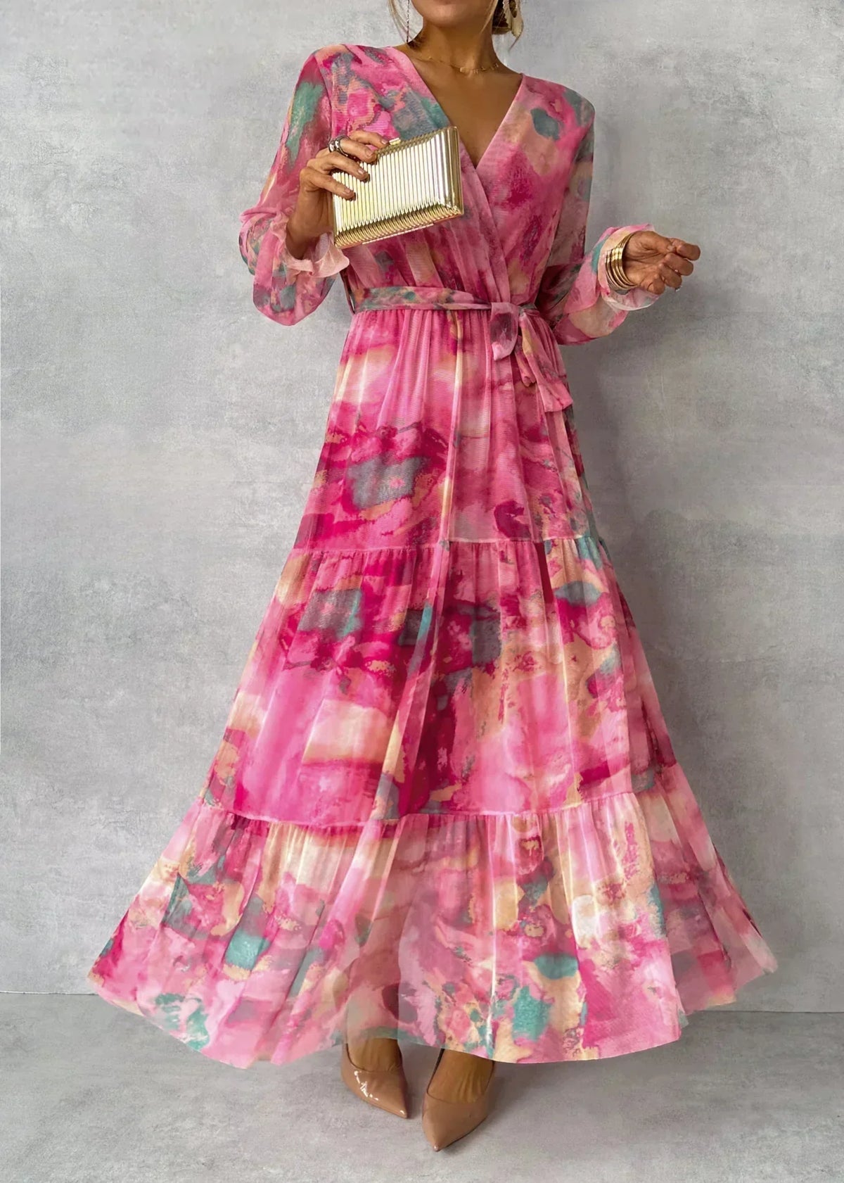 Women's Wrap Maxi Dress – Floral, V-Neck, Short Sleeve
