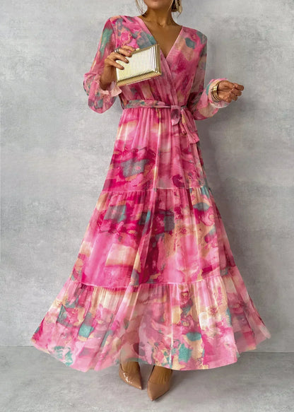Women's Wrap Maxi Dress – Floral, V-Neck, Short Sleeve