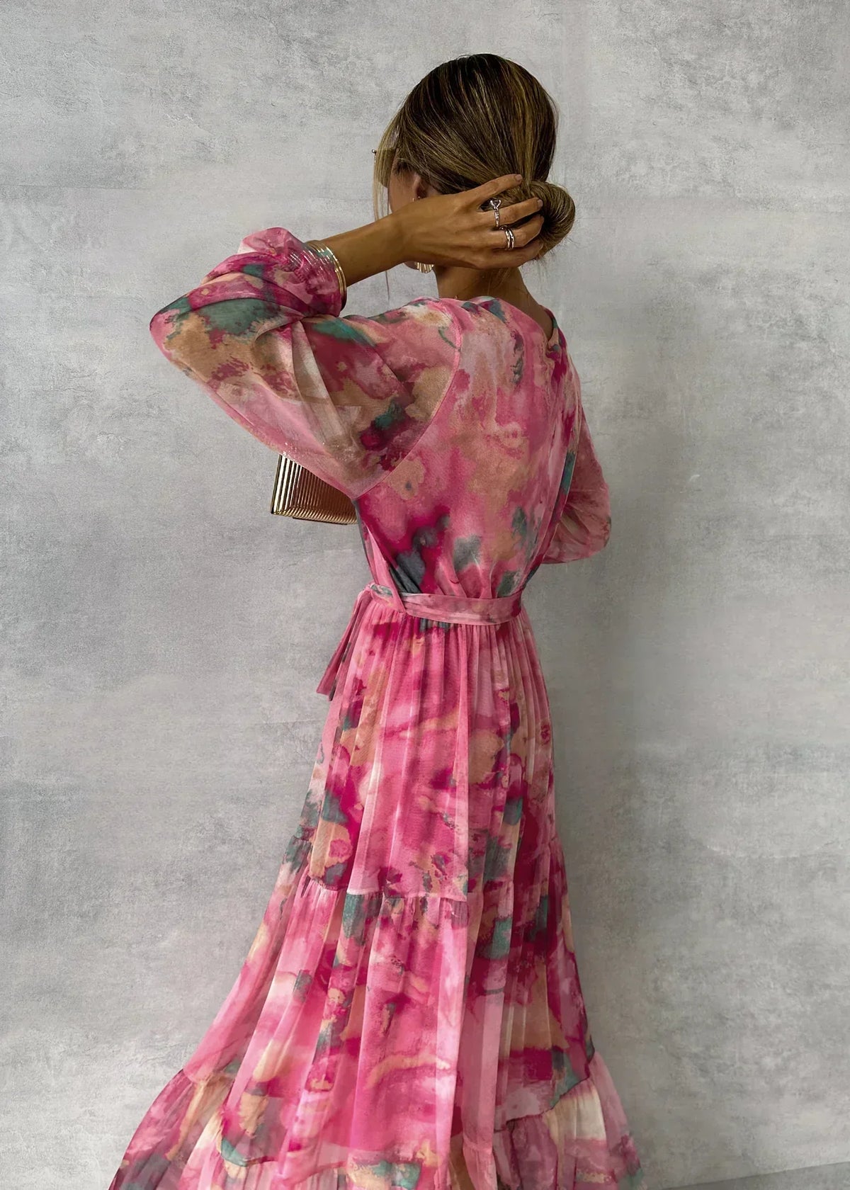 Women's Wrap Maxi Dress – Floral, V-Neck, Short Sleeve